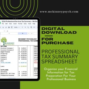 Digital Download Professional Tax Summary Spreadsheet